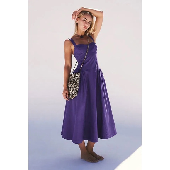 Free People Paolo Midi Dress Drop Waist Electric Grape Purple Large Preloved - Picture 1 of 5